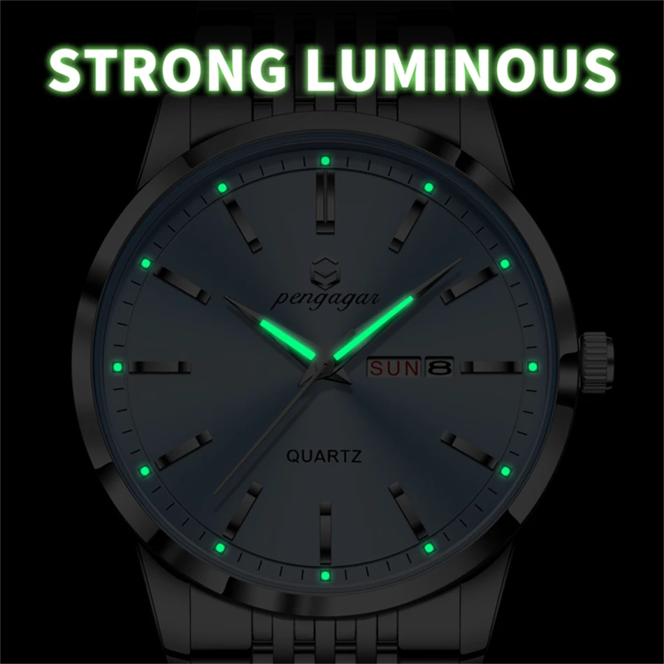 PENGAGAR Роскошные мужские часы, элегантные водонепроницаемые светящиеся мужские часы с датой недели, кварцевые спортивные мужские часы из нержавеющей стали Reloj