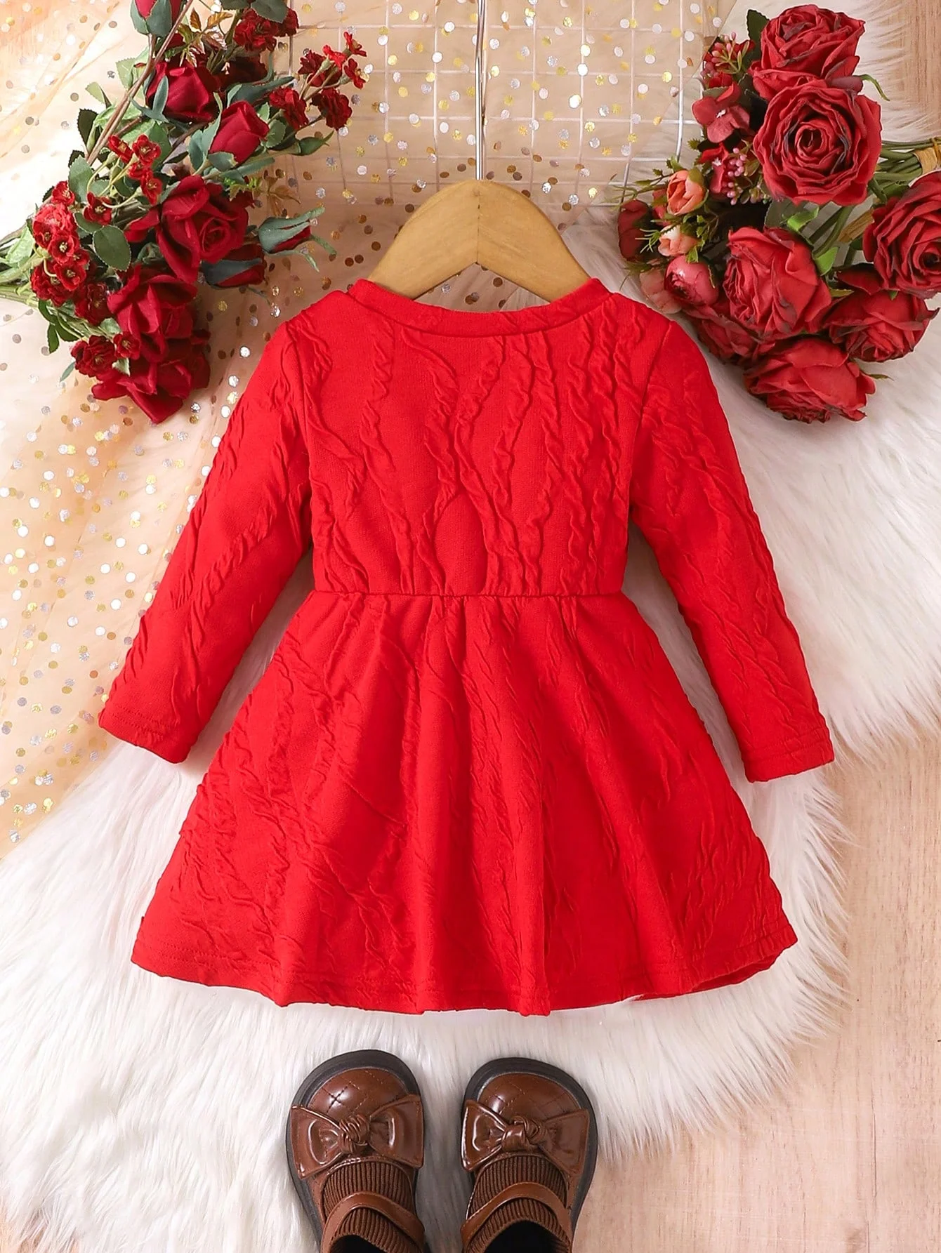 Baby Girls' Cute Red Long-Sleeve Dress for Spring & Autumn, Loose and Comfortable Fit, Ideal for Holiday Celebrations and More