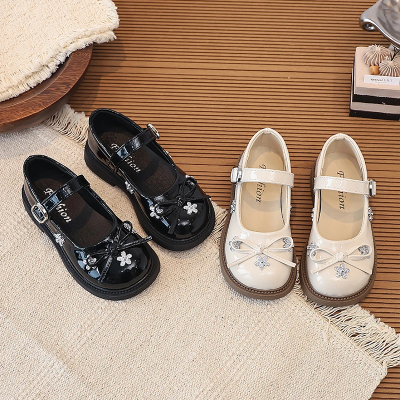 Autumn Girl's Leather Shoes Glossy Rhinestone Flower Kids Mary Janes Elegant Anti-skid Hook-loop School Cozy Girl Flats 26-36