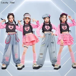 Girl Hip Hop Sweet Crop Top Denim Pants Children Tiered Skirt Kid Streetwear Jeans Jazz K-pop Street Dance Costumes Clothes Sets