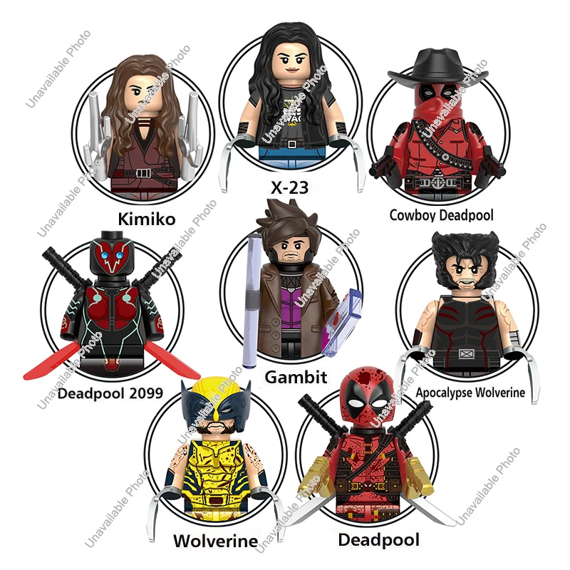 Mainan populer baru G0176 1 buah tokoh aksi Gambit Wolverine Deadpool 2099 Kimiko kiamat Wolverine koboi Deadpool blok hadiah mainan