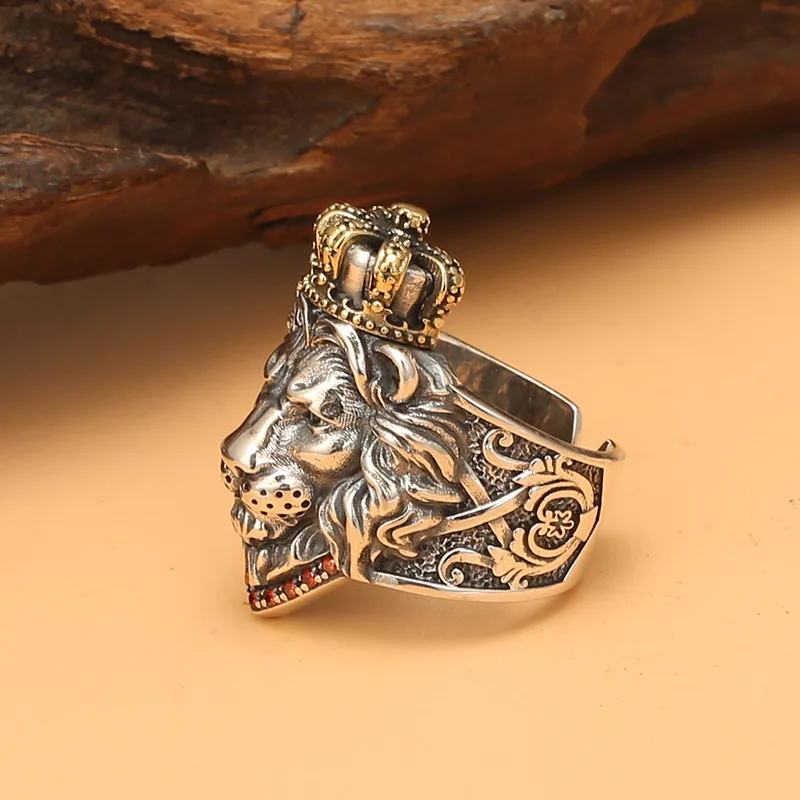 S925 Pure Silver Crown Lion Men's Ring Original Design Bold Punk Style Ring Hip Hop Fashion Finger Ring