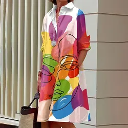 Ladies Abstract Face Printed Long Sleeve Shirt Dress Fashion Single Breasted Vintage Button Shirts Midi Dress Vestidos Spring