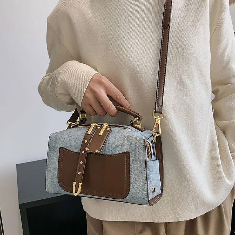 Denim And PU Splice Bag Fashion Color Contrast Women 2023 New Pop Handbag Light Luxury Texture Single Shoulder Crossbody Pack