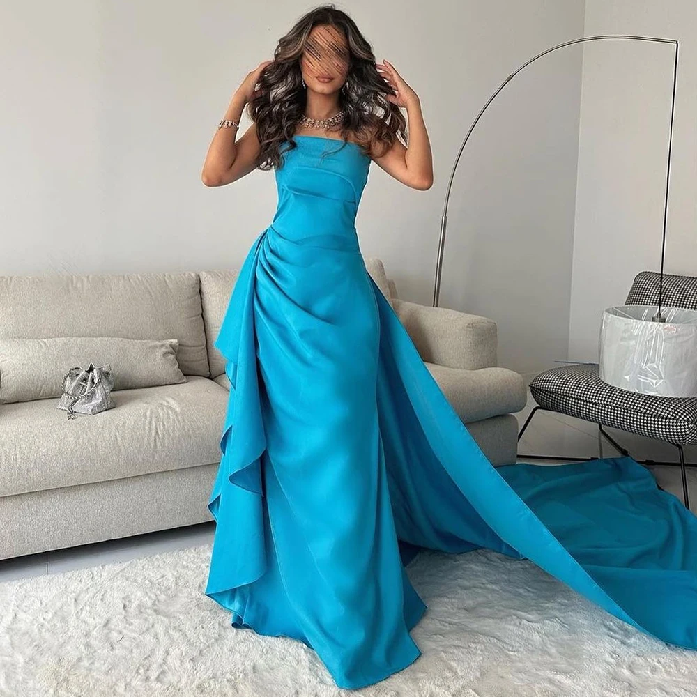 

Saudi Arabia Evening Gowns Straight Sleeveless Jersey Strapless Floor Length Pleats Panel Train Dresses For Formal Occasions