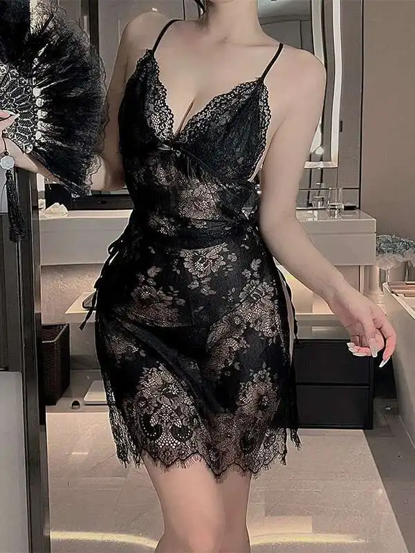 New Sexy 2025 V-neck Lace Mesh Sheer Backless Large Size Sling Dress Women Cinching Waist Slim High Slit Short Dress DX2E