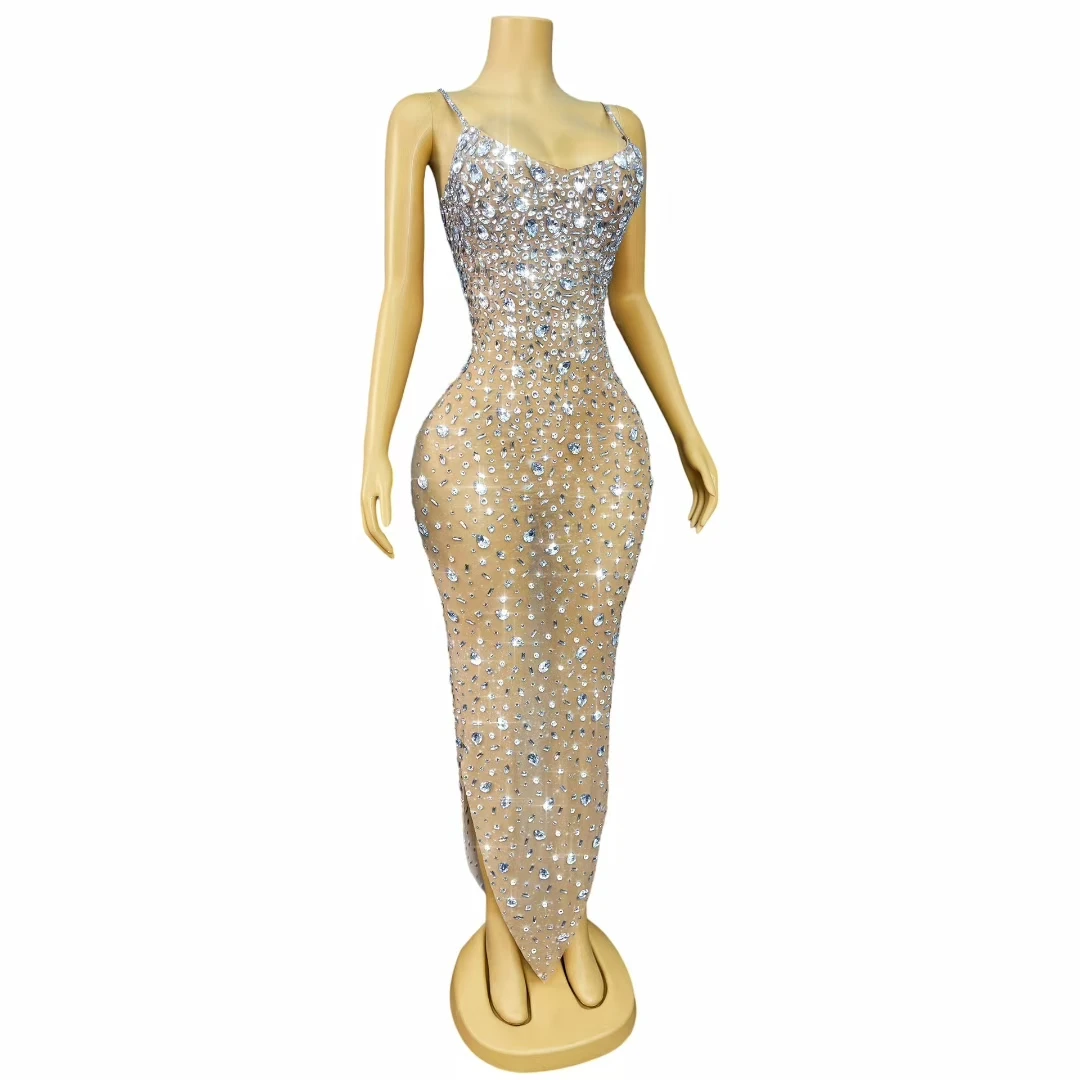 Xingshan Elegant Women High End Evening Dress Silver Diamond Perspective Mesh Strap Skirt Bar Celebrity Dancer Performance Dress