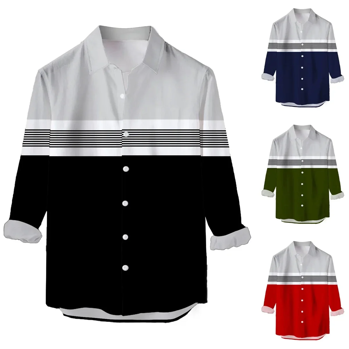 

Men's long-sleeved shirts color-blocked striped print men's lapel tops fashionable and comfortable large size men's shirts 2024