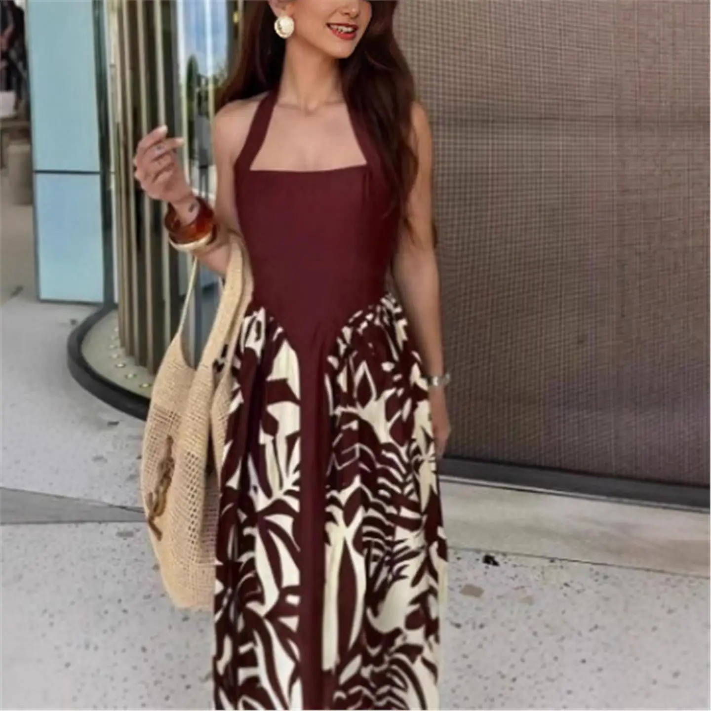 

2025 Cross-Border Women's New Svel Ne Hanging Color Blo Pleated Print Long Dr Vaion Sle Slim Fit Dr