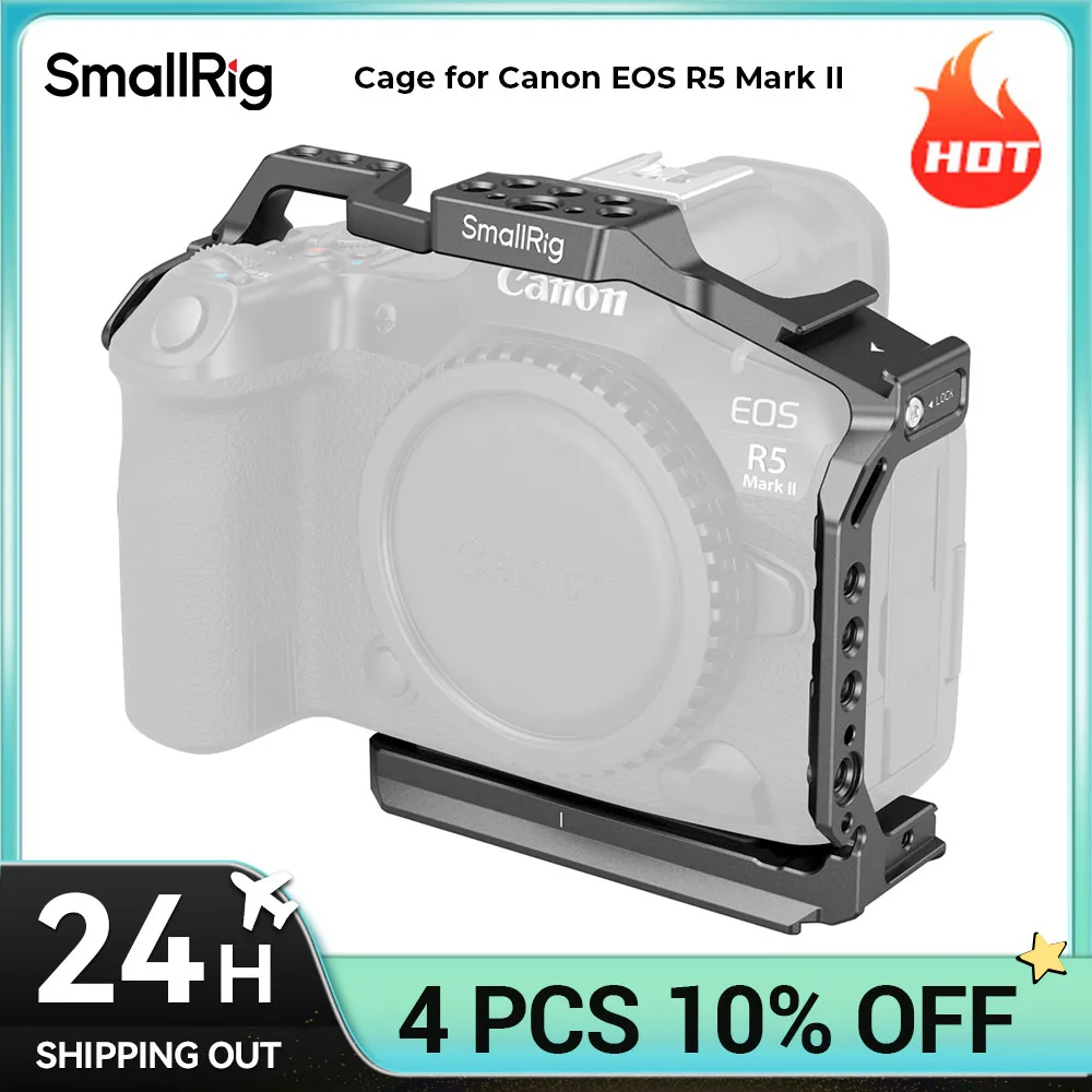 قفص SmallRig R5 II لقفص فيديو كاميرا Canon EOS R5 Mark II مصنوع من خليط معدني مع حامل حذاء بارد، 1/4 بوصة - 20 و3/8 بوصة - 16 فتحة، لوحة أركا