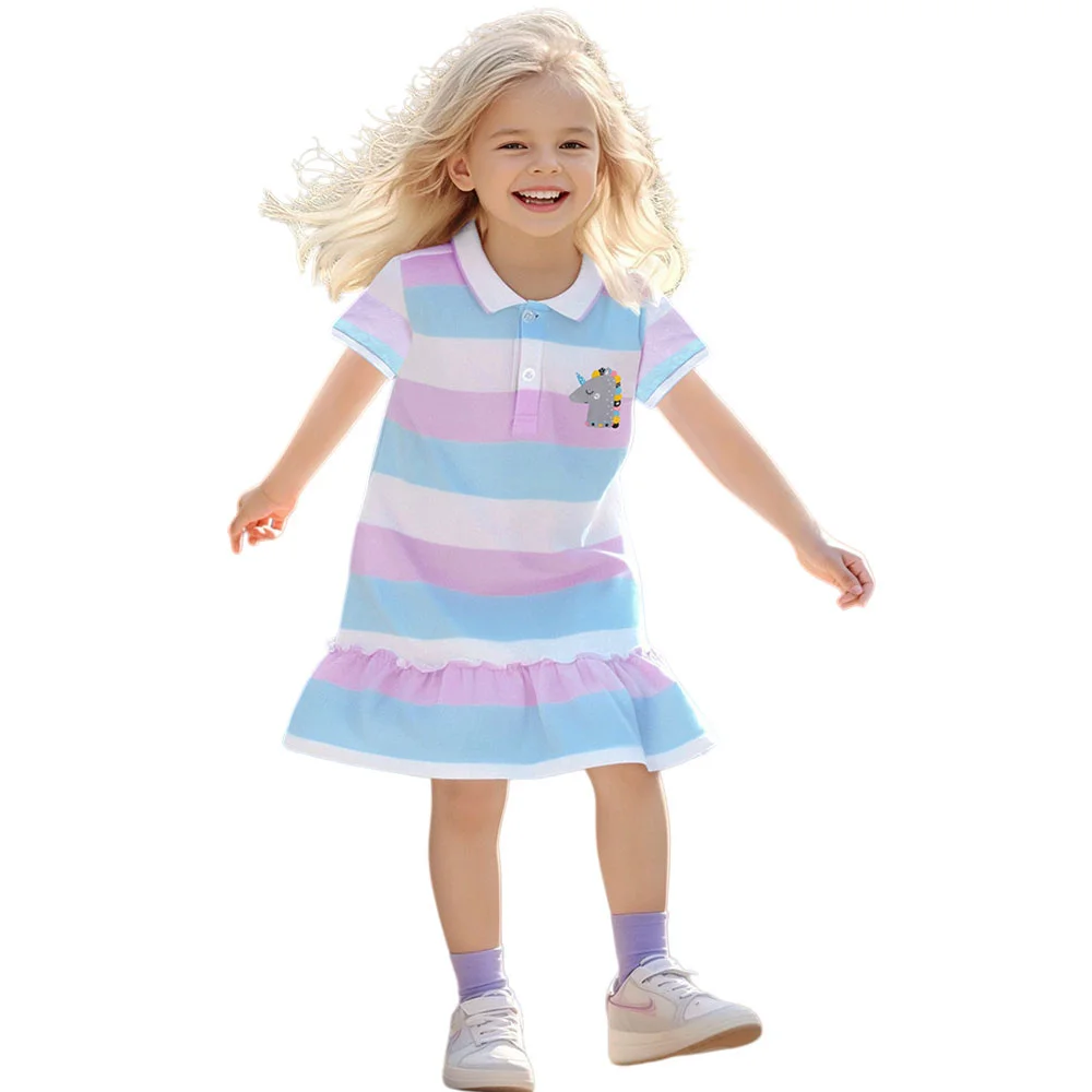 

2-7 Years New Arrival Short Sleeve Princess Girls Dresses Collar Buttons Striped Summer Toddler Party Bithday Dresses