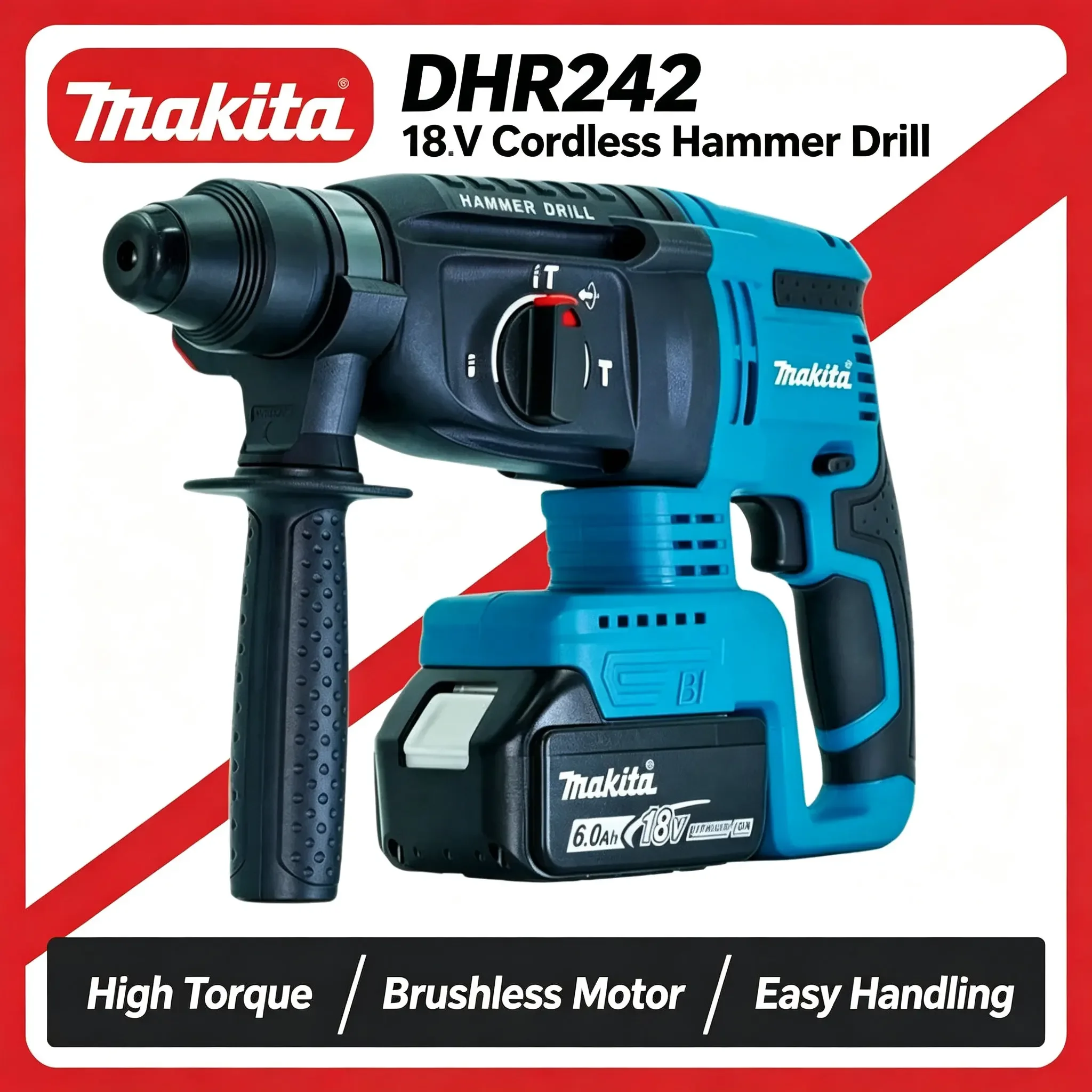 Marteau perforateur DHR242 compatible avec batterie Makita 18V, SDS Plus 24mm, perceuse à percussion sans fil 3 modes, source d'alimentation pour maçonnerie et béton