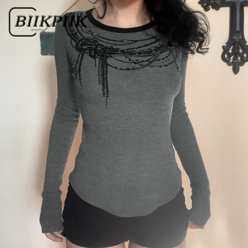 

BIIKPIIK Vintage Dark Printed Tops Casual O-neck Full Sleeve Slim Fit T-shirt Women Y2K Retro Tees Autumn Bottoming Top Harajuku