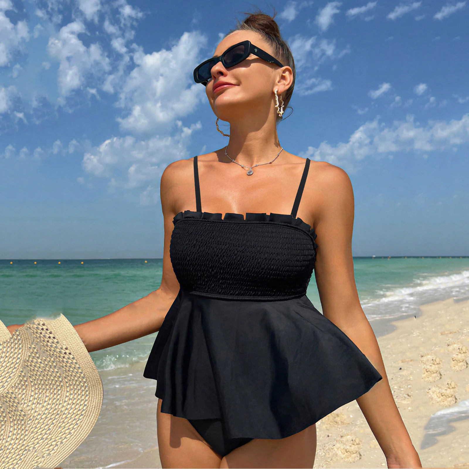 

Women's Solid 2 Piece Plus Size Tankini Set Strapped Curvy Swimsuit High Waist Beach Lady Big Bathing Suit Summer Outfit