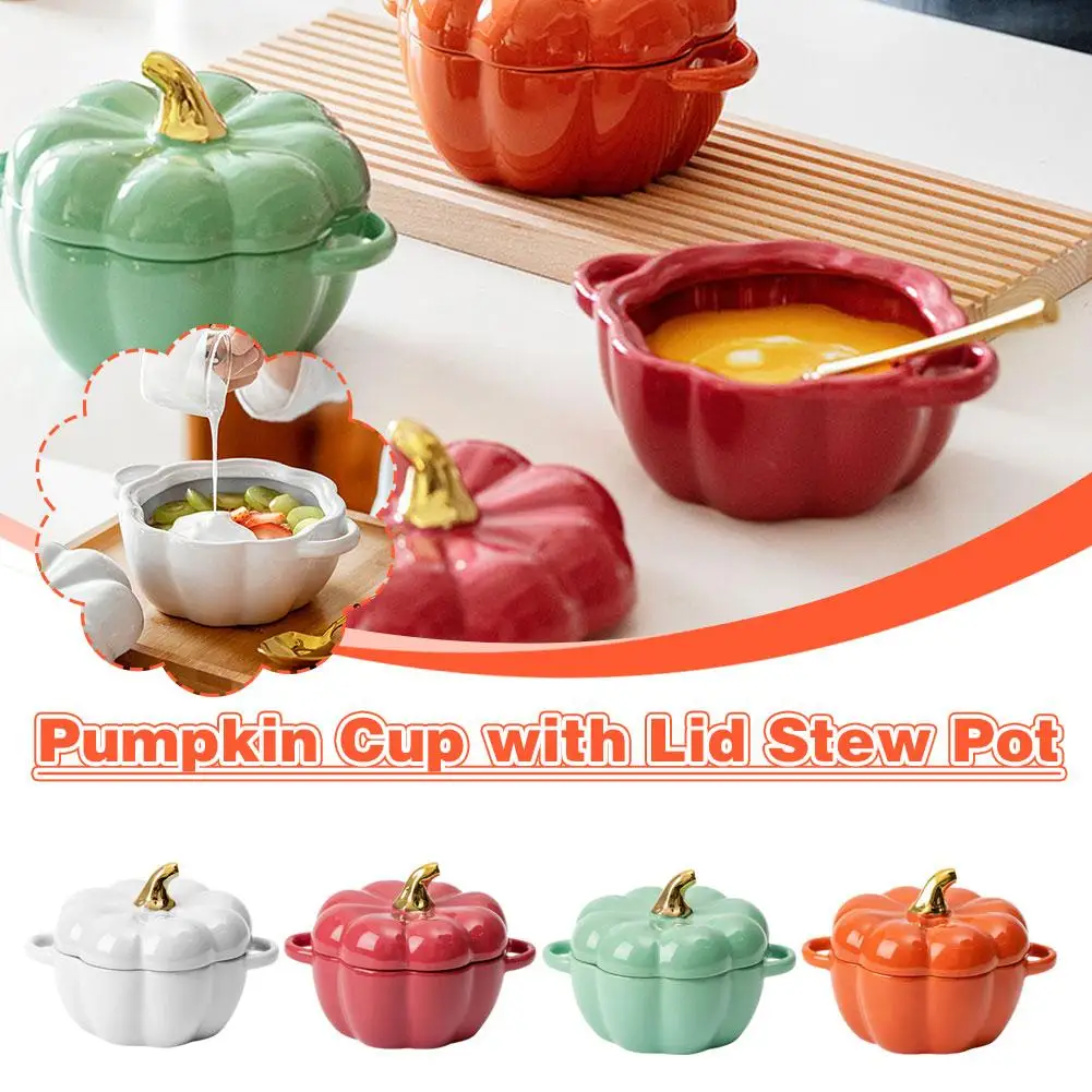 Cute Pumpkin Stew Cup With Lid - Ceramic Noodle And Dessert Tableware - Bowl Soup Lovely W3k0