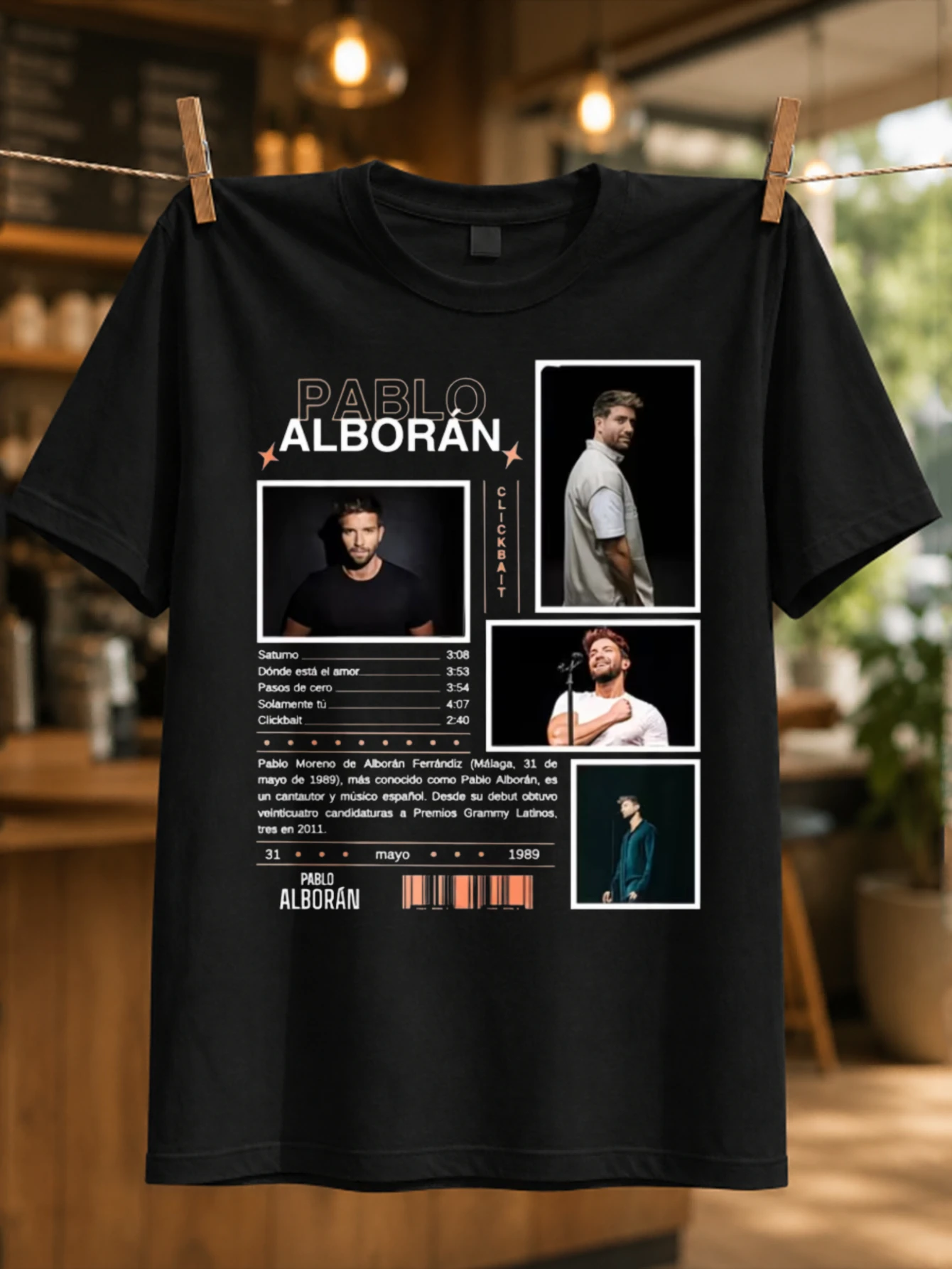 Panneaux de collage de portraits de fans de Pablo Alboran, accents étoilés, détails de la liste des chansons, style code-barres et sk, T-shirt unisexe