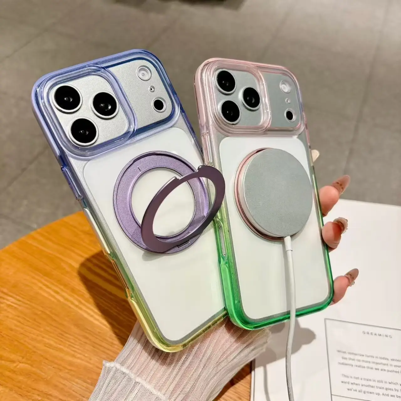 

for Magsafe Alloy 360° Ring Bracket Laser Gradient Magnetic Case For iPhone 17 16 15 Pro Max 17Pro Shockproof Clear Pc Cover