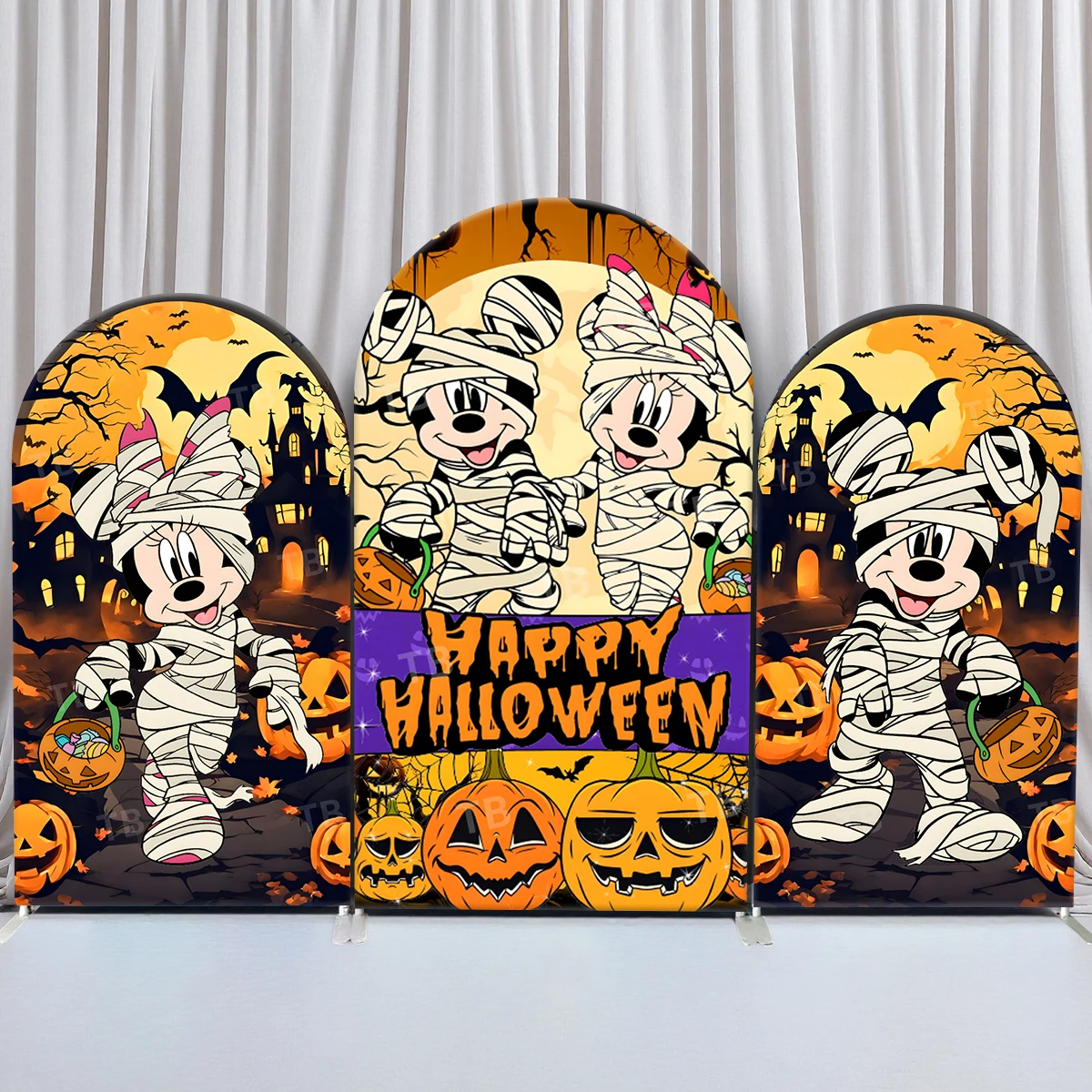 

TB Bandage Mickey&Minnie Arch Backdrop Cover Halloween Party Custom Pumpkin Lantern Photography Background Decor Elastic Fabric