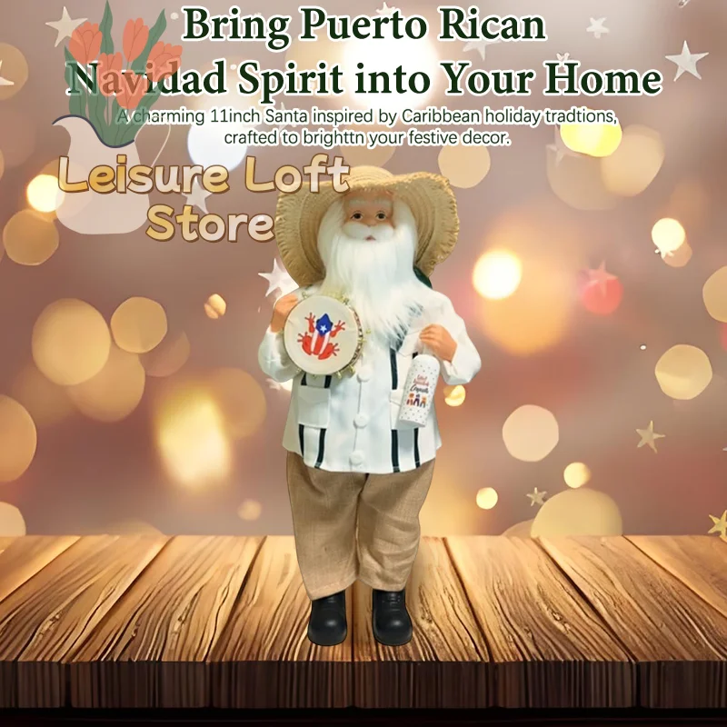 11-Zoll-Puerto-Rican-Weihnachtsmann-Figur – Strohhut und Guayabera-Shirt, kulturelle Weihnachtsdekoration mit handbemalten Details