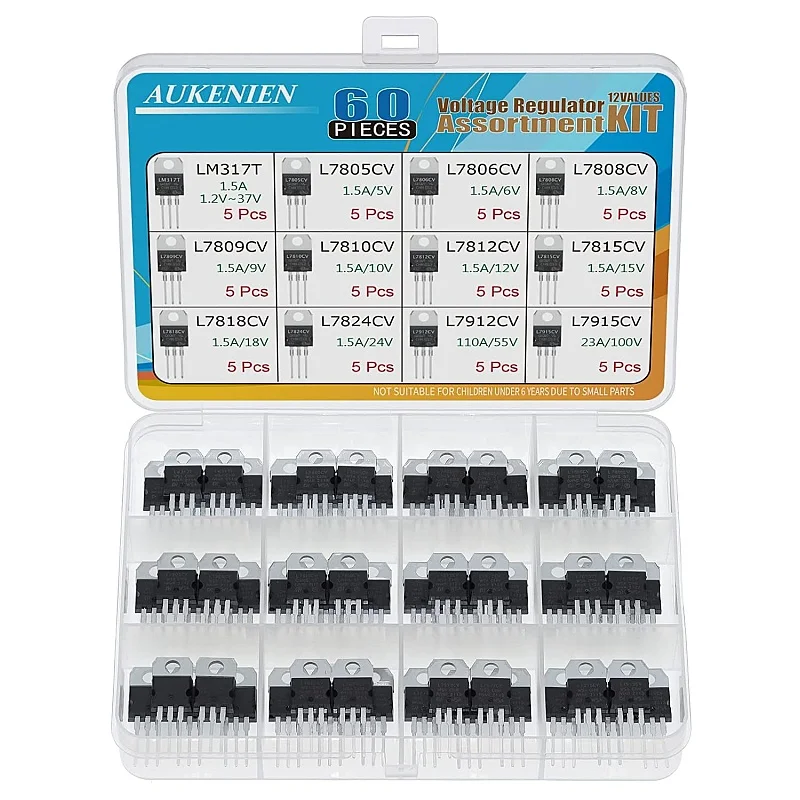12 Values 60pcs L7805 LM317 L7806 L7808 L7809 L7810 L7812 L7815 L7818 L7824 L7912 L7915 Voltage Regulator Assortment Kit TO-220