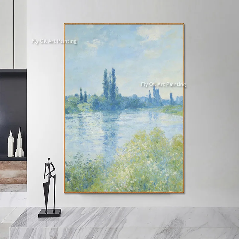 Modern Light Blue Green City By The Lake Wall Art Simplism Fashion Hand Painted Green Tree River Landscape Oil Painting For Deco
