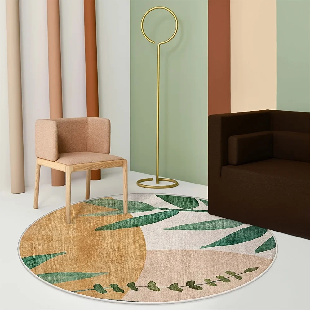 

Modern Round – Green & Beige Leaf Pattern, Washable Minimalist Floor Rug for Home Decor