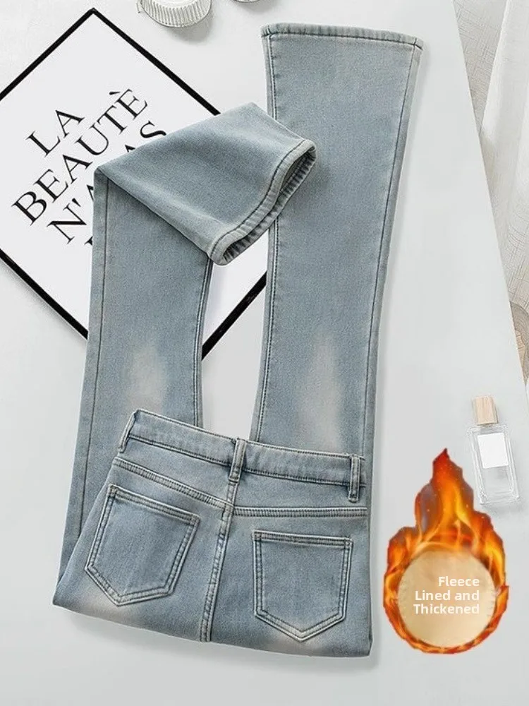 جينز نسائي شتوي مبطن من Thiened Fce مقاس كبير غطاء خصر عالي الورك مقاس صغير سروال مرن متوهج #1