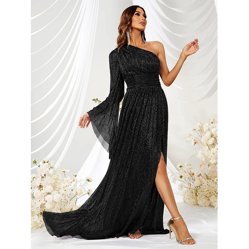 Women sexy Elegant One shoulder split Vestido de festa Summer 2023 Flare sleeve Backless Evening Prom Maxi Long dress