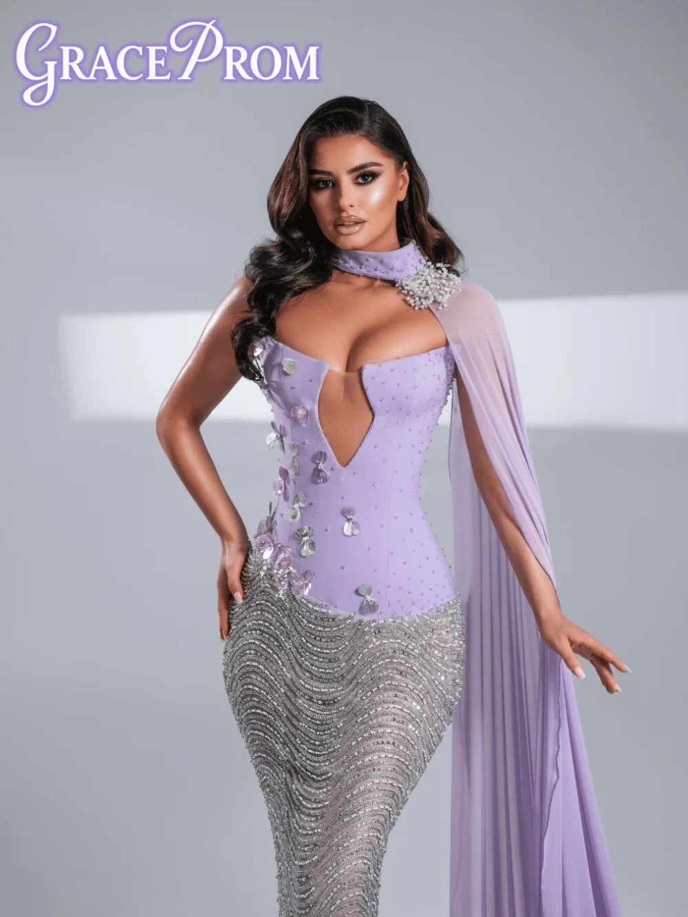 

Luxurious Crystal Beaded Mermaid Evening Dress 2026 Graceful Plunge Neck Chiffon Cape Embellished Choker Gown فساتين سه