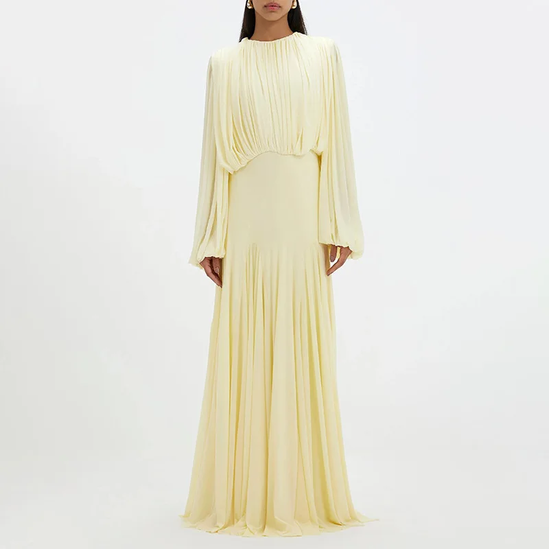 Siren Chic 2026 Französischer Eleganter Stil Formelles Damenkleid mit Rundhalsausschnitt, Plissiertem Taillenbund, Schlankem Schnitt und Langer Form, Hochwertiges Elegantes Abendkleid