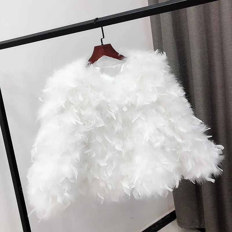 Winter Ostrich Feather Turkey Fur Coat For Women Korean Fashion Full Sleeve Thickened Pluffy Fur Jacket Short Outwear Lady Y3465