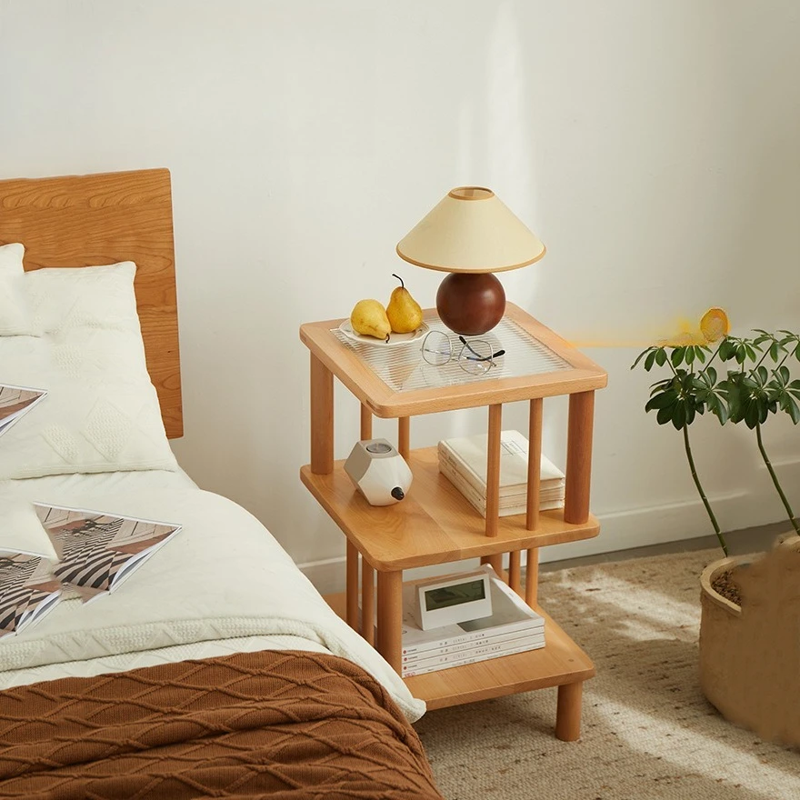 Bedside multi-layer floor edge rack all solid wood living room mini small coffee table sofa simple storage side table