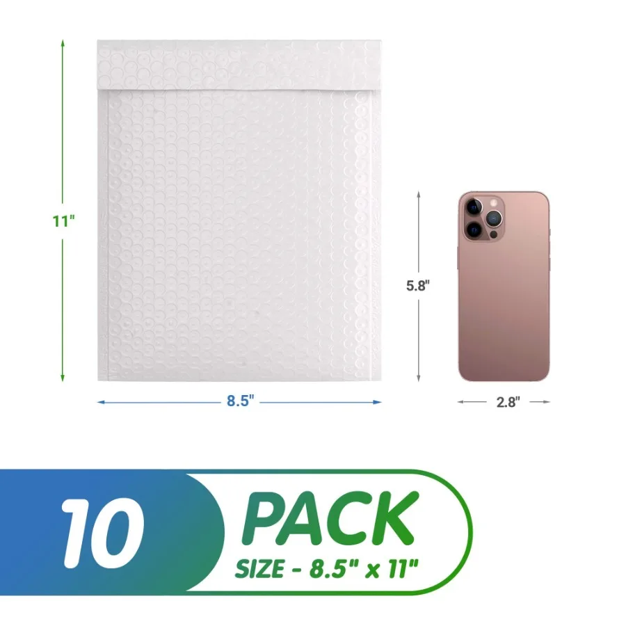 Auto selo branco dos mailers da bolha do poli 8,5 x 11 polegadas. Pacote de 10 envelopes de embalagem de bolhas para envio. Enve de envio selado durável