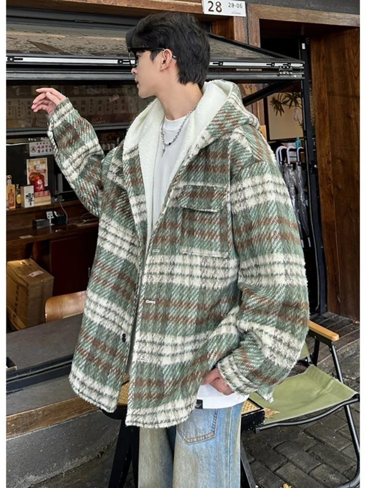 

2024 Men's Plaid Jaet Autumn Winter Thiened Long Sve Casual Warm Hooded Cotton Coat Cleanfit Sle Mid-Length Coat