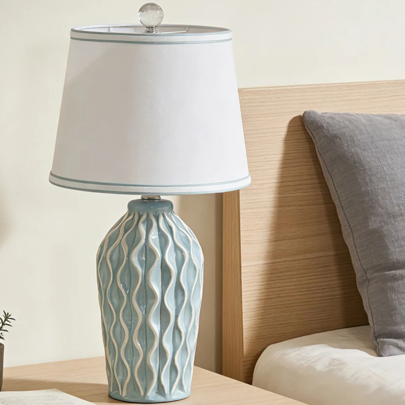 Nordic Minimalist Classical Ceramic Floor Lamp Bedroom Living Room Study Fabric Lampshade Creative Spiral Pattern LED Desk Light