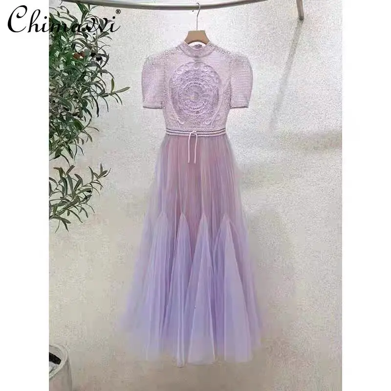 

French Royal Style Embroidered Lace Purple Dress for Women 2024 Spring/Summer New Fashion Round Neck High Waist Long Dresses