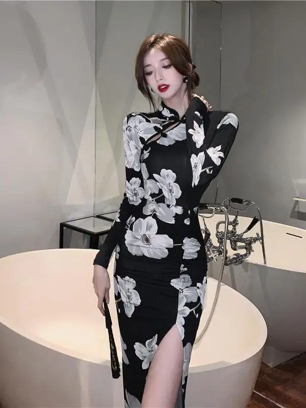

plus Size 300 Pou Women's Autumn Floral Print Dr Waist Cinched Long Sve Floor Length A-Line Skirt Sexy Slim Fit Dr