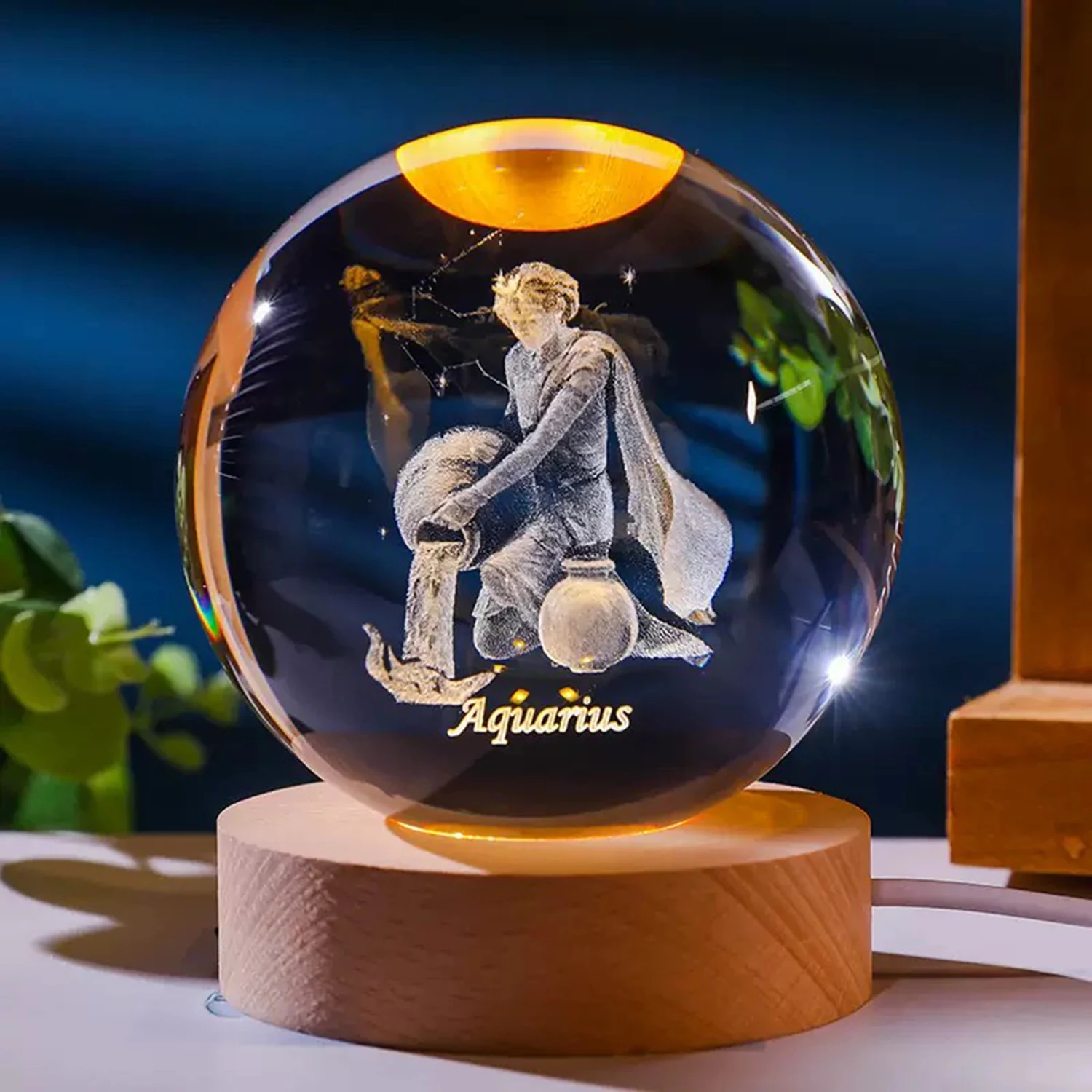 

3D Aquarius Crystal Ball with Wooden Light Base 6cm Laser Engraving Constellation Glass Sphere Decorative Balls Paperweight Gift