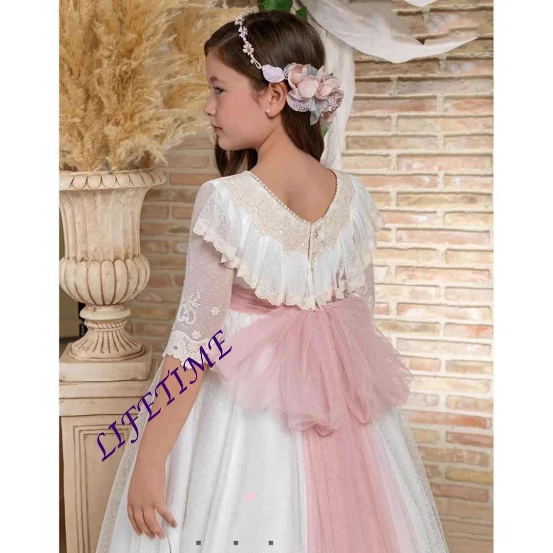 Vestidos de Comunión Personalizados con Cuello Barco, Corte en A, Largos hasta el Suelo, con Apliques de Encaje, Vestidos de Niña de las Flores, Vestido Formal para Niñas