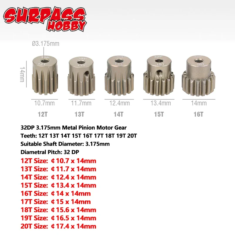 SURPASS HOBBY-Pinhão de metal da engrenagem do motor, 32DP, 48DP, 64DP, M0.6, M0.8, 12T-50T para 1/10, 1/12 RC carro, motor do eixo de 3.175mm, 540, 3650, 5 PCes