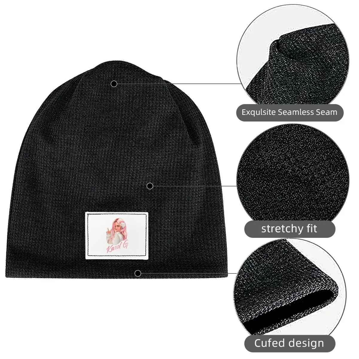 Manana Sera Bonito Karol G Waffle Knit Fleece Lined Beanie with PU Leather Patch Unisex Warm Winter Soft Cap