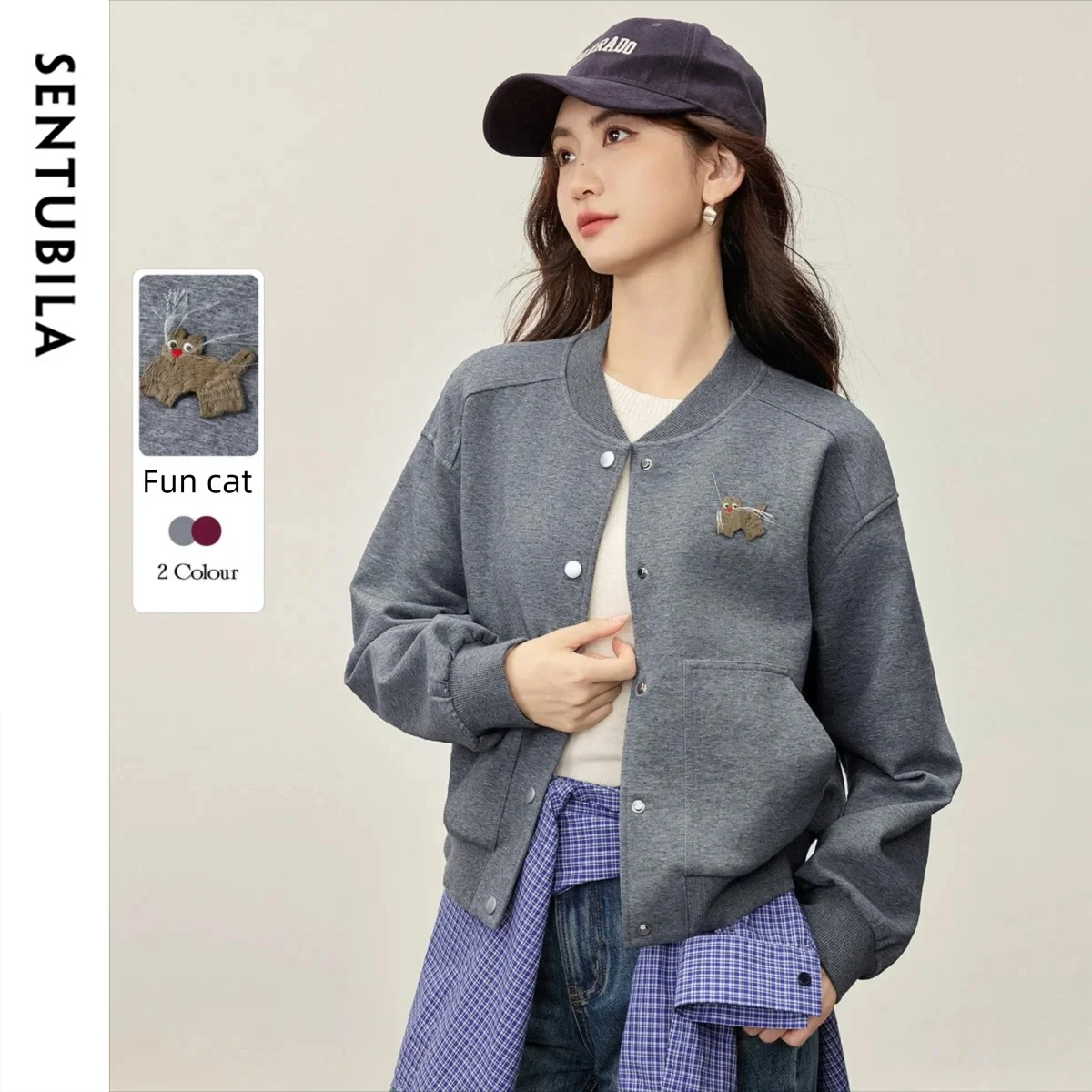 

SENTUBILA Women's Jackets 2025 Autumn Casual Knit Cardigan Baseball Jacket Ribbed Collar Loose Long Sleeve Short Coat 153WE2051