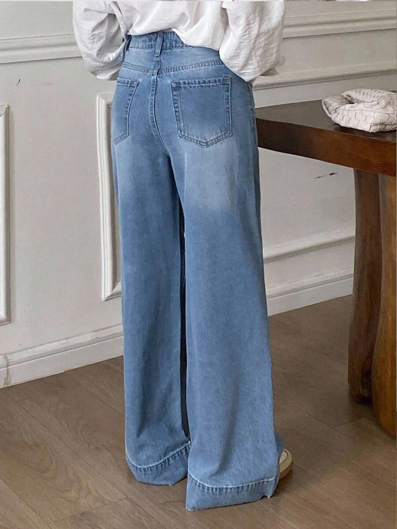 French Elegant Single Breasted Jeans Autumn Casual Fashion Washed Blue Simple Retro Women's High Waist Wide Leg Denim Pants