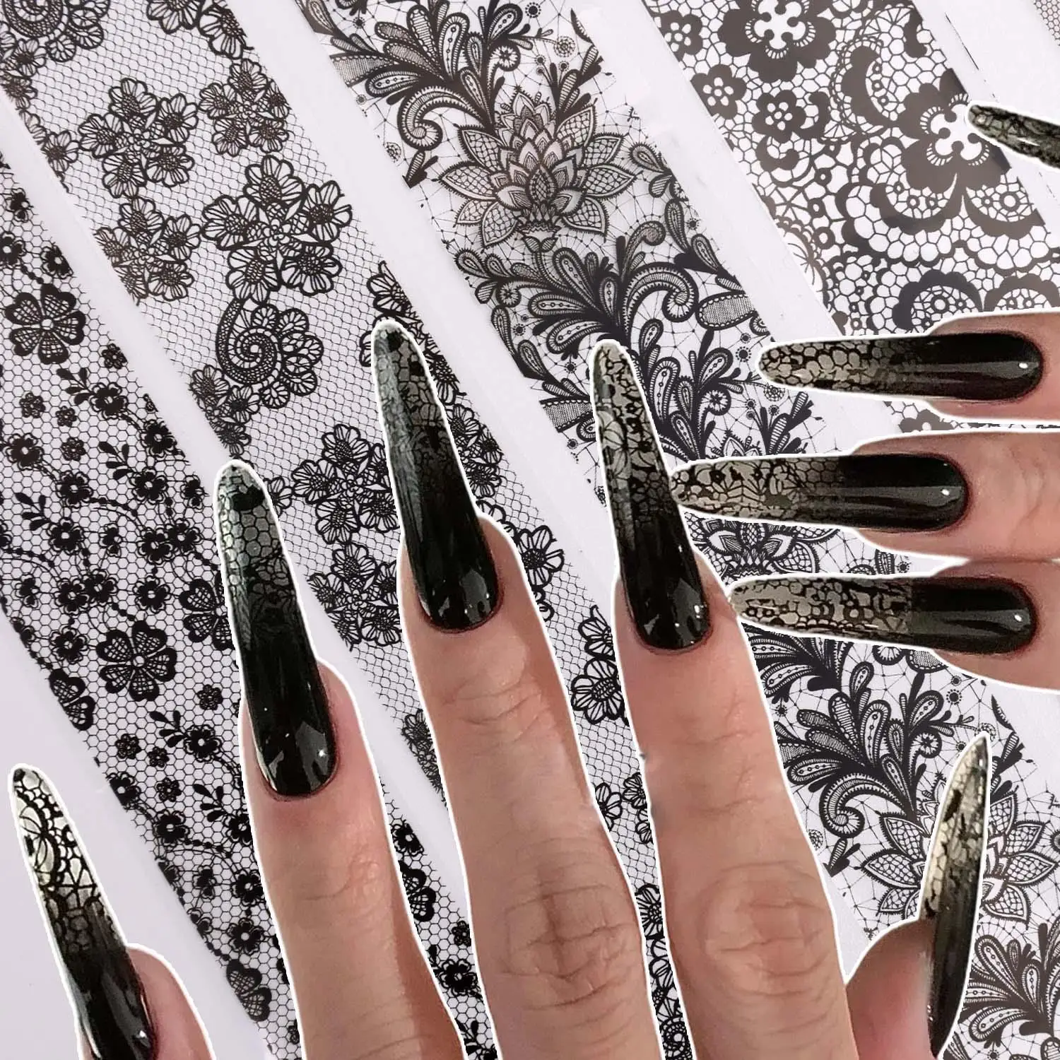 10 Rolls Lace Nail Foil White Black Nail Stickers Design Transfer Stripe Lace Foils Paper Nail Art Foil Decal DIY Manicure Salon