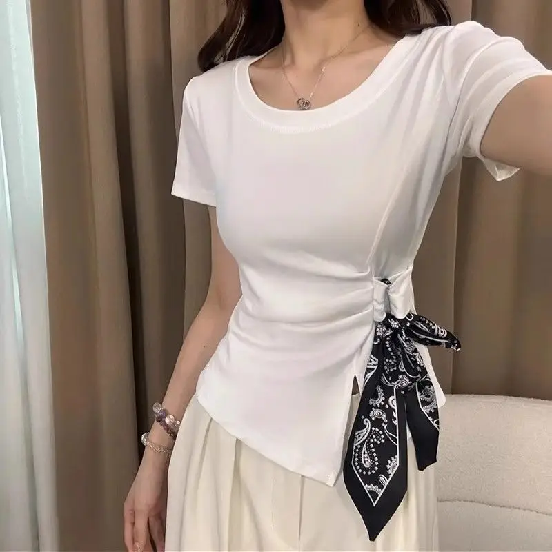 

Korean Style Ribbon Bow Short Sleeve T-Shirt 2026 Summer Women Irregular Slit Slim-fit Tee Tops Female Elegant Short T-shirt
