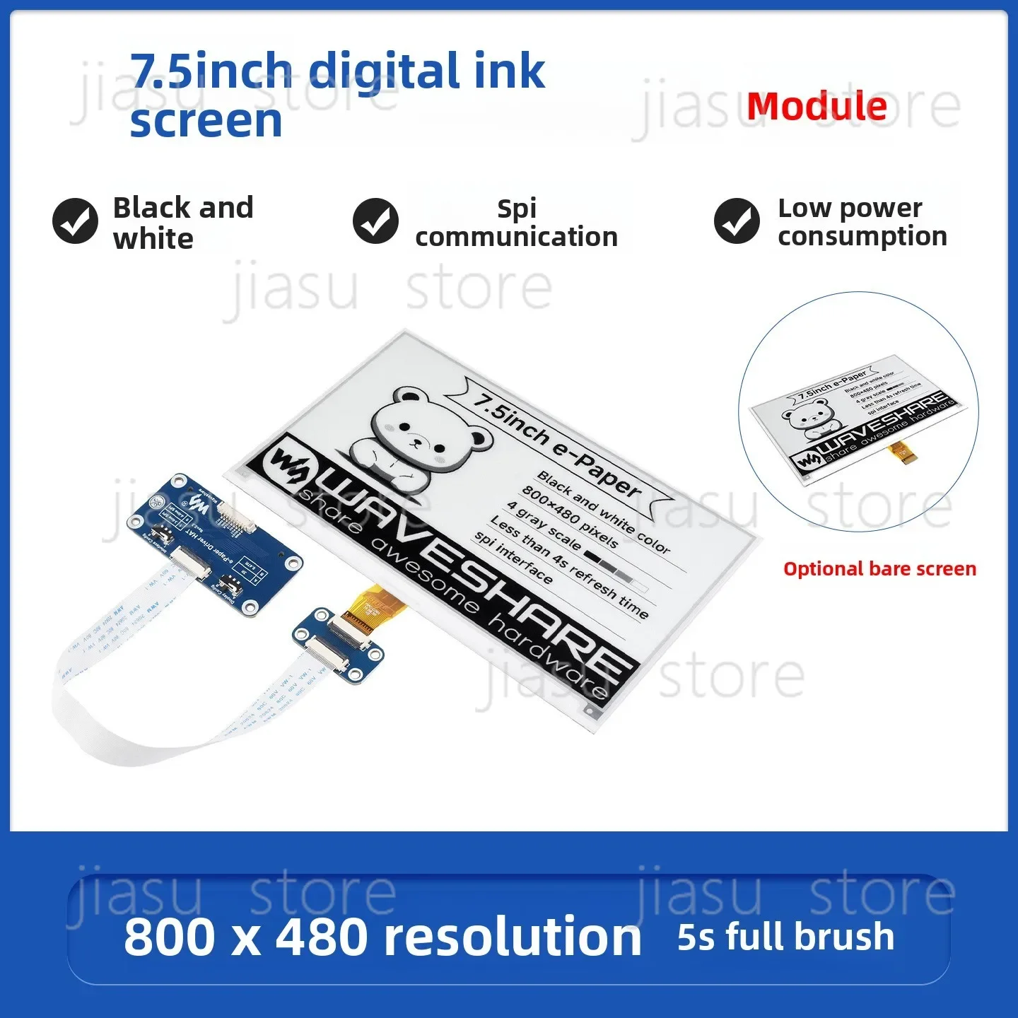 7.5 Inch E-Paper E-Ink Display Module, SPI Interface, Compatible with Raspberry Pi 4 & Arduino Board