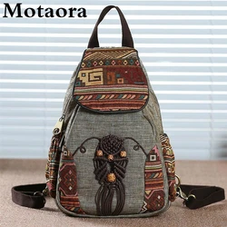 Motaora Handmade Backpack Women's Vintage Canvas Backpacks National Style Geometrical Printed Bag Female Simple Travel Backpack