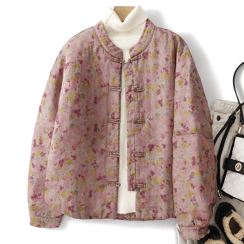 

Новая зимняя хлопковая куртка свободного кроя в стиле ретро с пуговицами, женская, с воротником-стойкой, в национальном стиле, из хлопка, для стройного силуэта