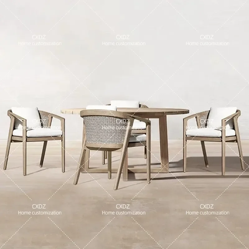 Nordic Style Rattan Weaving Single Dining Chair and Coffee Table Set Three Piece Sunroom Garden Furniture for Office or Home