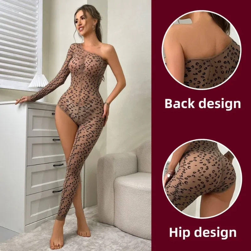 

European and American Women's New Leopard Pattern Sexy Uniform Open Temptation Hollow Perspective Ball Queen Jumpsuit
